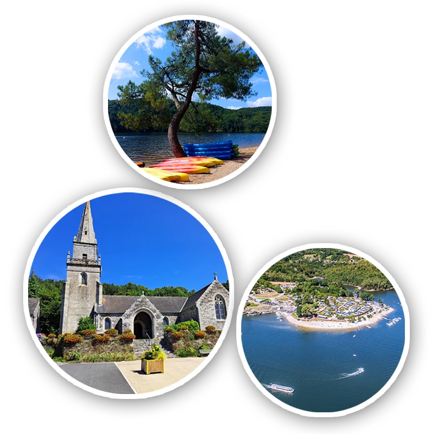 Images présentation Caurel : église, lac, plage